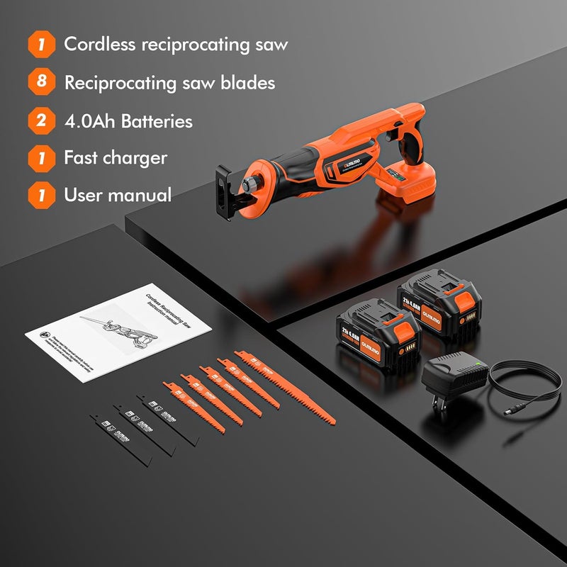 olmlmo Reciprocating Saw Cordless with 8 Blades: 2 x 4.0Ah Battery, Brushless Motor 3300 RPM, Cordless Reciprocating Saw Kit for Wood PVC Metal Tree Bone Cutting DIY (Orange) - Image 5